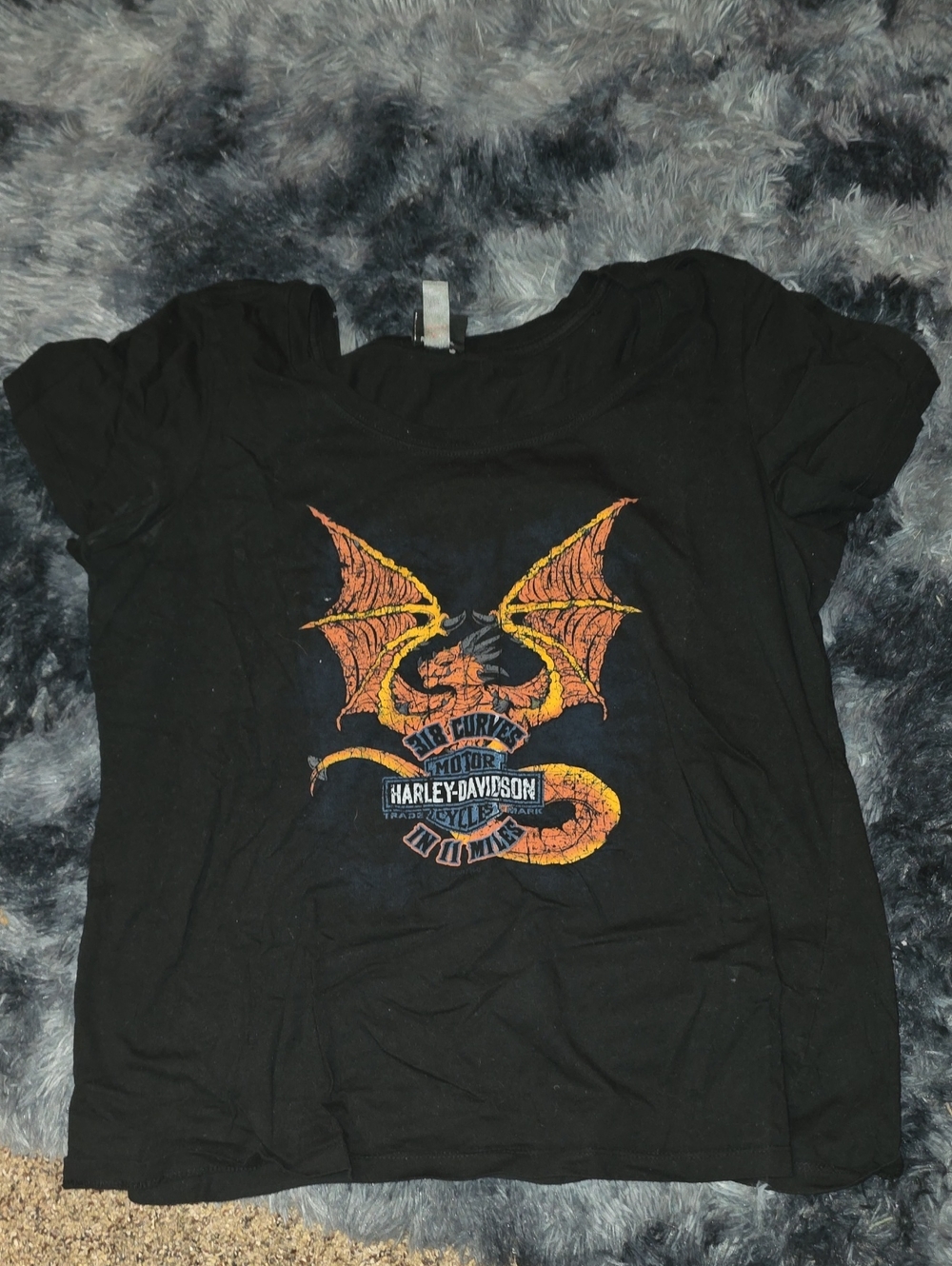 Harley-Davidson Black Tee with Orange & Yellow Dragon Graphic